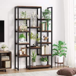 Eulas 39.37 in. W Brown 6-Tier Etagere Bookcase, 70.9 in. Tall Bookshelf with 12-Shelf Open Display Shelves