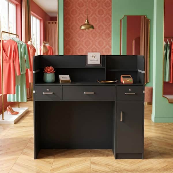 47.2 in. L Rectangle Black Wood Computer Gaming Desk Reception Desk Executive Writing Workstation W/Drawers, Cabinet