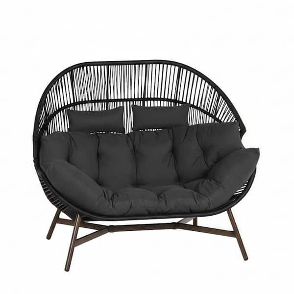 Outdoor 2-Seat Wicker Egg Chair with Cushion, Stationary Patio Loveseat Accent Chair, Grey