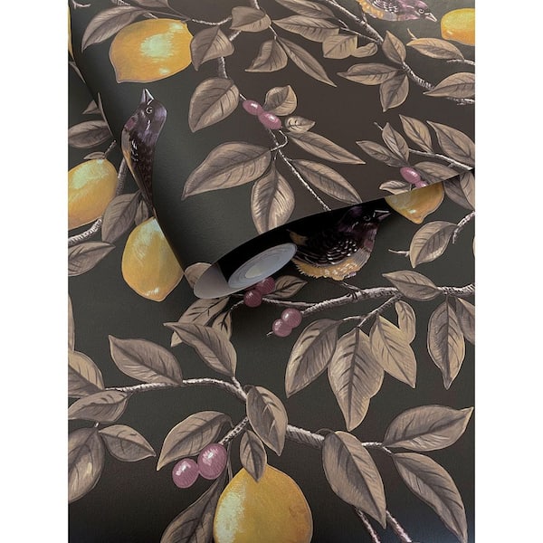 Charcoal Golden Lemon Trail Wallpaper Print Non-Woven Non-Pasted Textured Wallpaper 57 sq. ft.