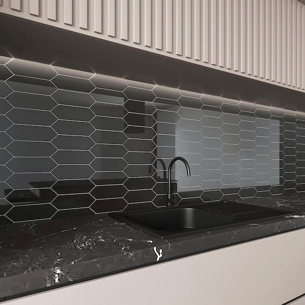 Picket Hexagon Glass Subway 3 in. x 9 in. x 6 mm Wall Tile - Black (5 Piece, 5.8 sq. ft.)