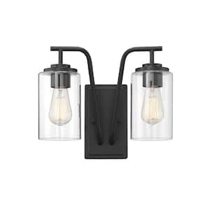 14 in. W x 11 in. H 2-Light Matte Black Hardwired Outdoor Wall Lantern Sconce with Clear Glass Shades