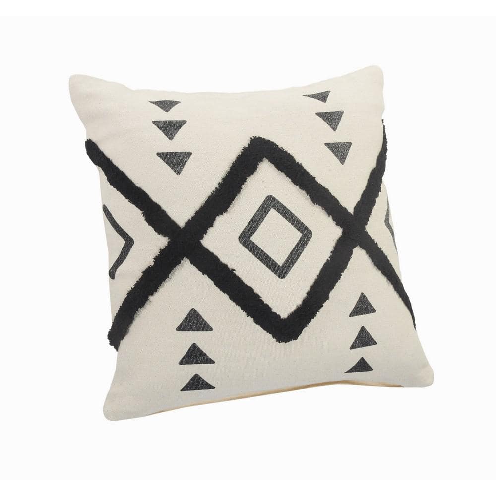20" Black and Off-White Cotton Geometric Tufted Throw Pillow