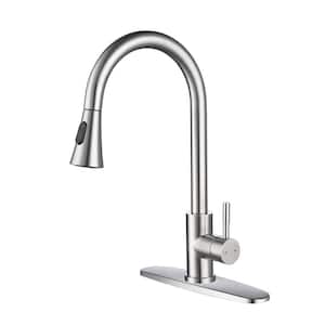 Single-Handle Deck Mount Gooseneck Pull Out Sprayer Kitchen Faucet with Deckplate Included in Brushed Nickel