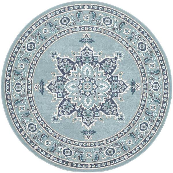 Livabliss Felix Aqua 7 ft. 3 in. x 7 ft. 3 in. Round Solid Indoor/Outdoor Patio Area Rug