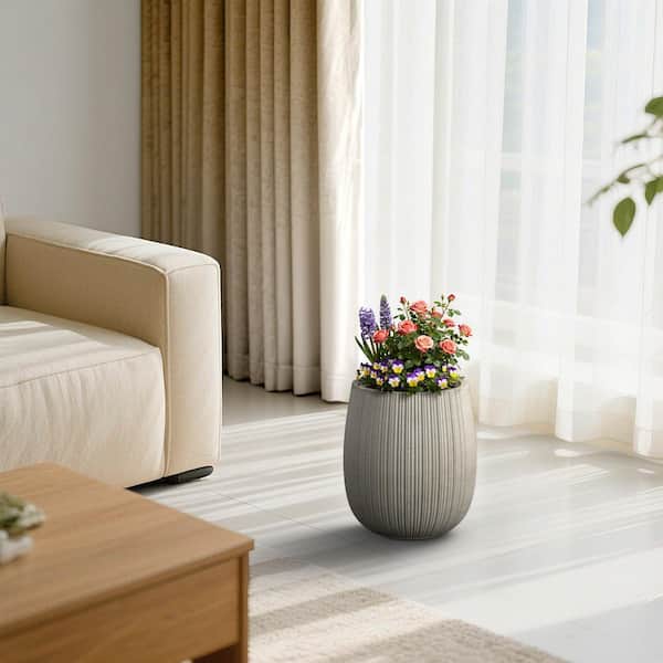 12 in. Medium Stone Gray(Upgraded Interior) Concrete Tall Round Planter / Pot Modern Design Planter with Drainage Hole