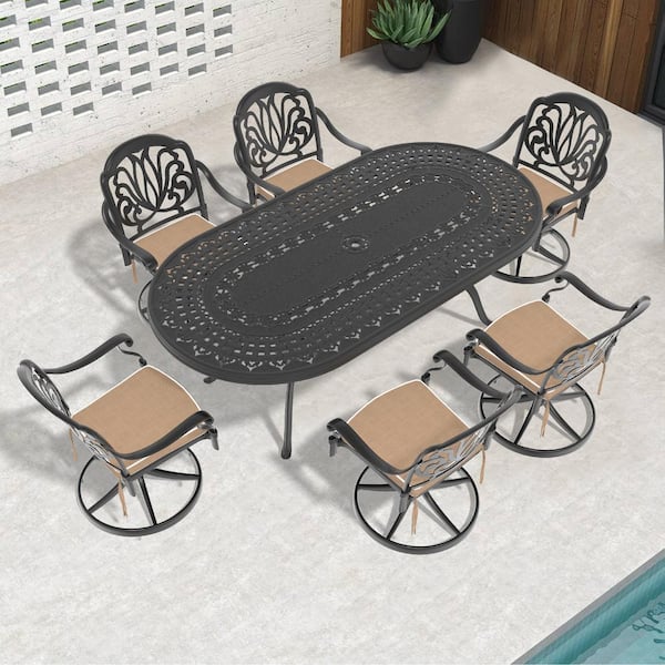 Elizabeth 7-Piece Cast Aluminum Patio Outdoor Dining Set with Oval Dining Table, 6 Swivel Chairs and 6 Brown Cushions