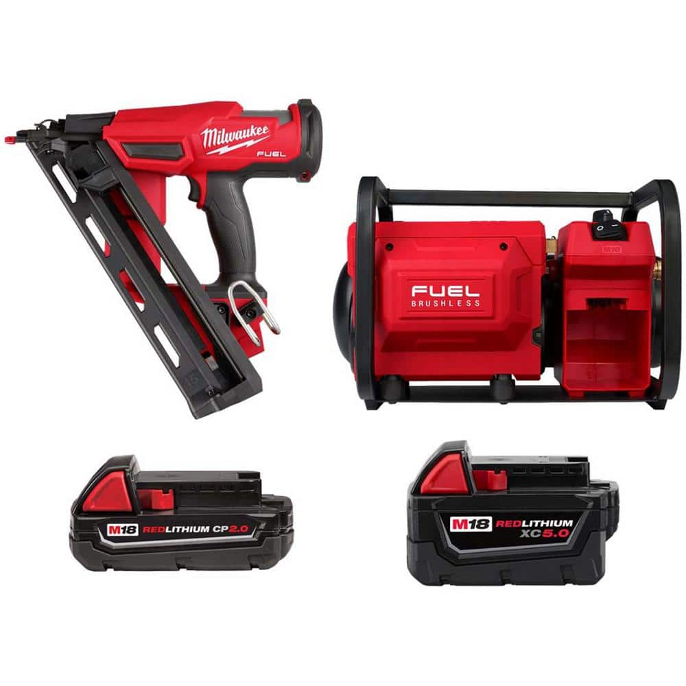 M18 Brushless 15-Gauge Cordless Finish Nailer, M18 FUEL 2 Gal. Compressor, M18 2.0 Ah Battery, M18 5.0 Ah XC Battery -  Milwaukee, 2839-20-48-11