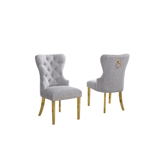 Indira Rich Grey Boucle Fabric Side Chair (Set of 2) with Gold Legs