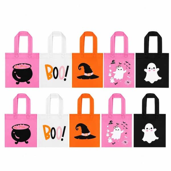 Fall Kid Halloween Party Favors, Reusable Goodie Grocery Bag, Set of 20, Pink Non Woven Drawstring Treat Tote Bags