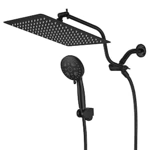 7-Spray 11.6 in. Square Shower Head and Handheld Shower Head with Adjustable Extension Arm in Matte Black