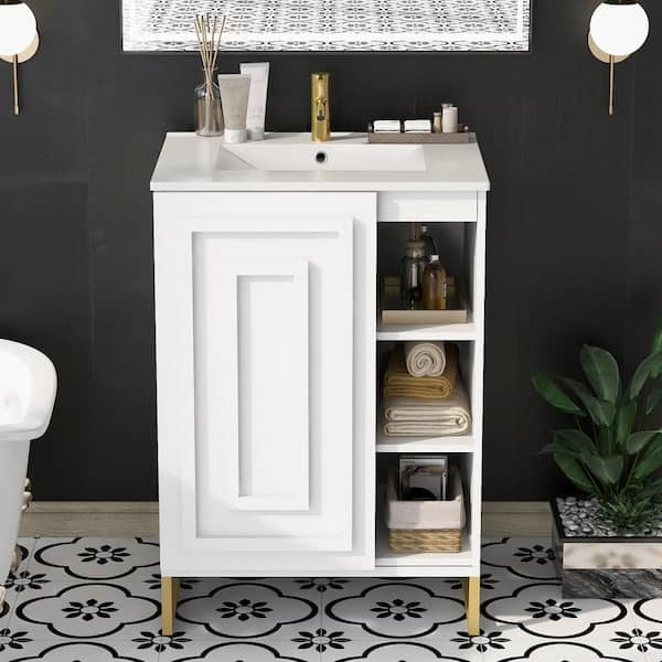 grossag 24 in. W x 18.1 in. D x 33.8in. H White Freestanding Bathroom Vanity with single sink and White Ceramic Top