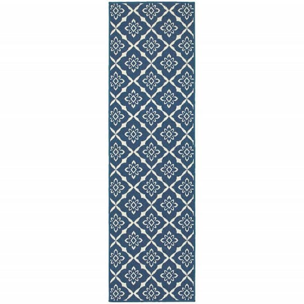 Blue, Ivory 2 ft. x 8 ft. Loomed Floral Polypropylene Rectangle Indoor/Outdoor Area Rug