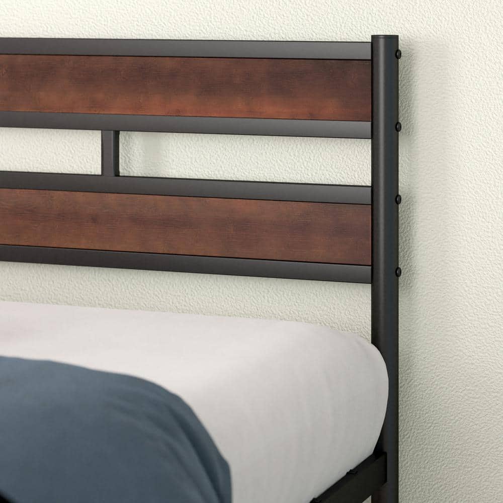 Queen Brown Bamboo and Black Metal Platform Bed Frame with Slatted Headboard