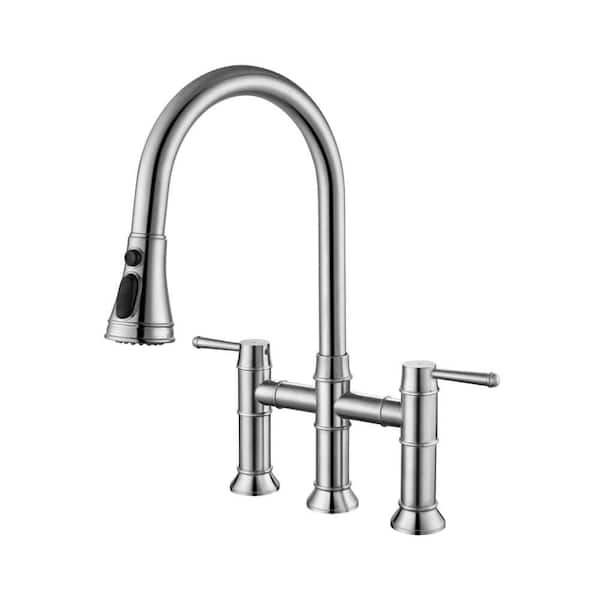 Double Handle Bridge Kitchen Faucet with Pull Out Sprayer Stainless Steel 3 Hole Kitchen Sink Taps in Brushed Nickel