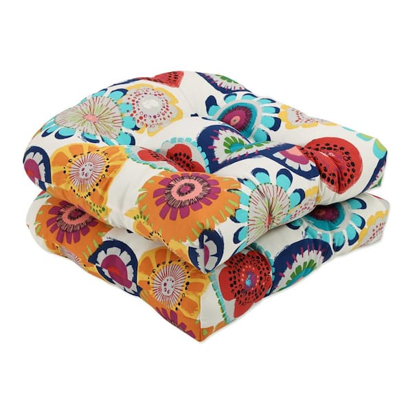 Pillow Perfect Floral 19 x 19 Outdoor Dining Chair Cushion in Blue/Ivory (Set of 2)