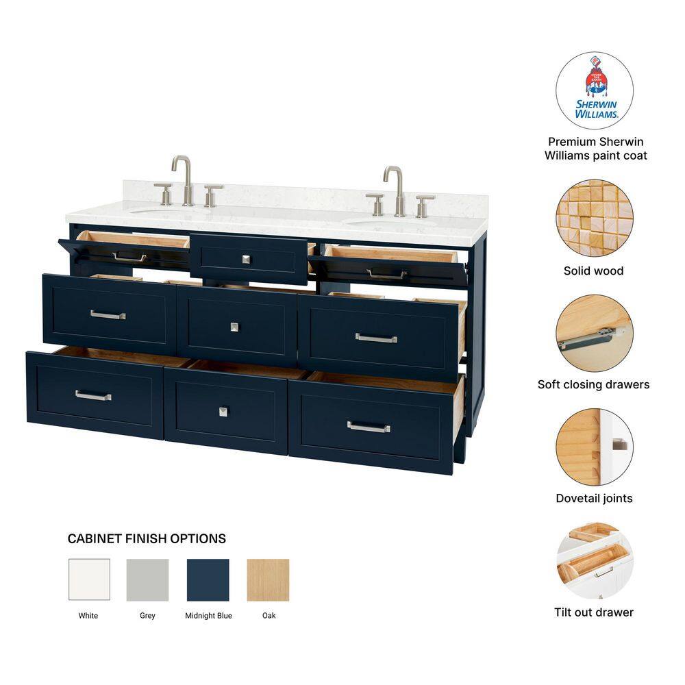 Monroe 66" Midnight Blue Double Sink Vanity with Carrara White Quartz Top