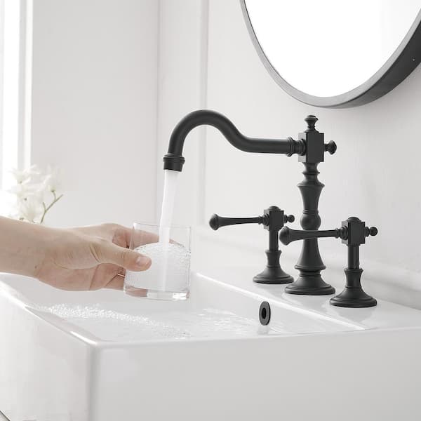 8 in. Widespread Double Handle 3 Hole Bathroom Faucet Water-Saving With Metal Drain In Matte Black