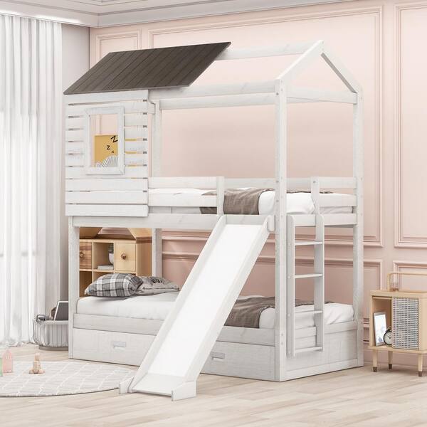 White Twin Over Bunk Bed With 2, Twin Loft Bed With Storage And Slide