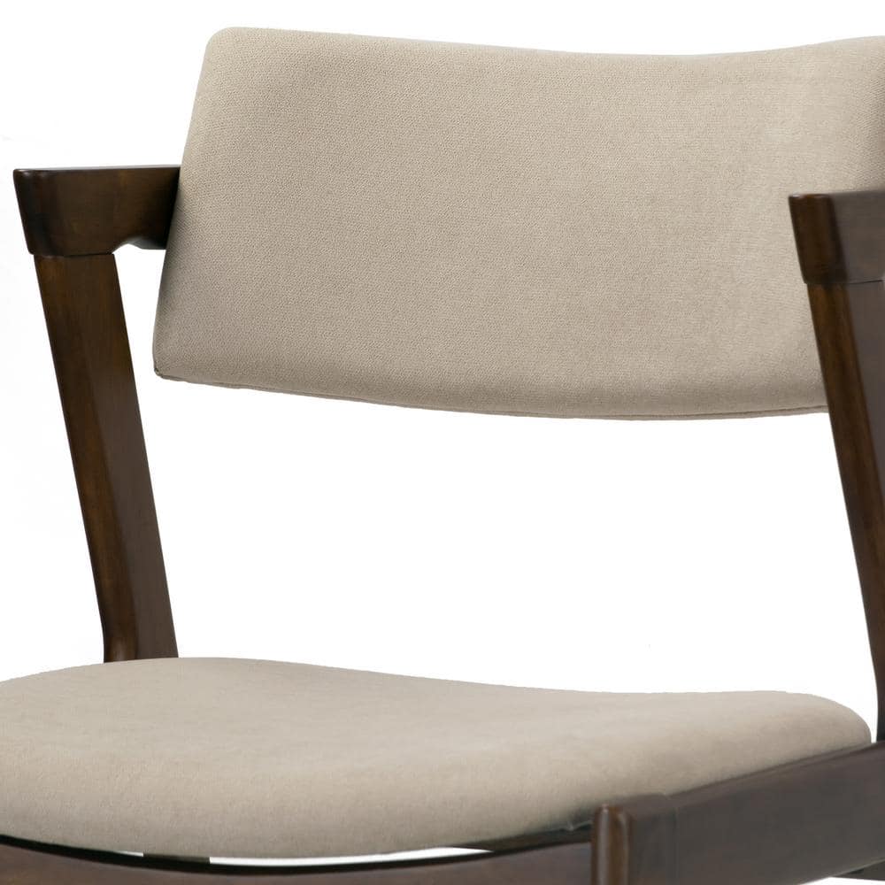 Retro Modern Beige Upholstered Wing Arm Chair in Dark Brown Wood