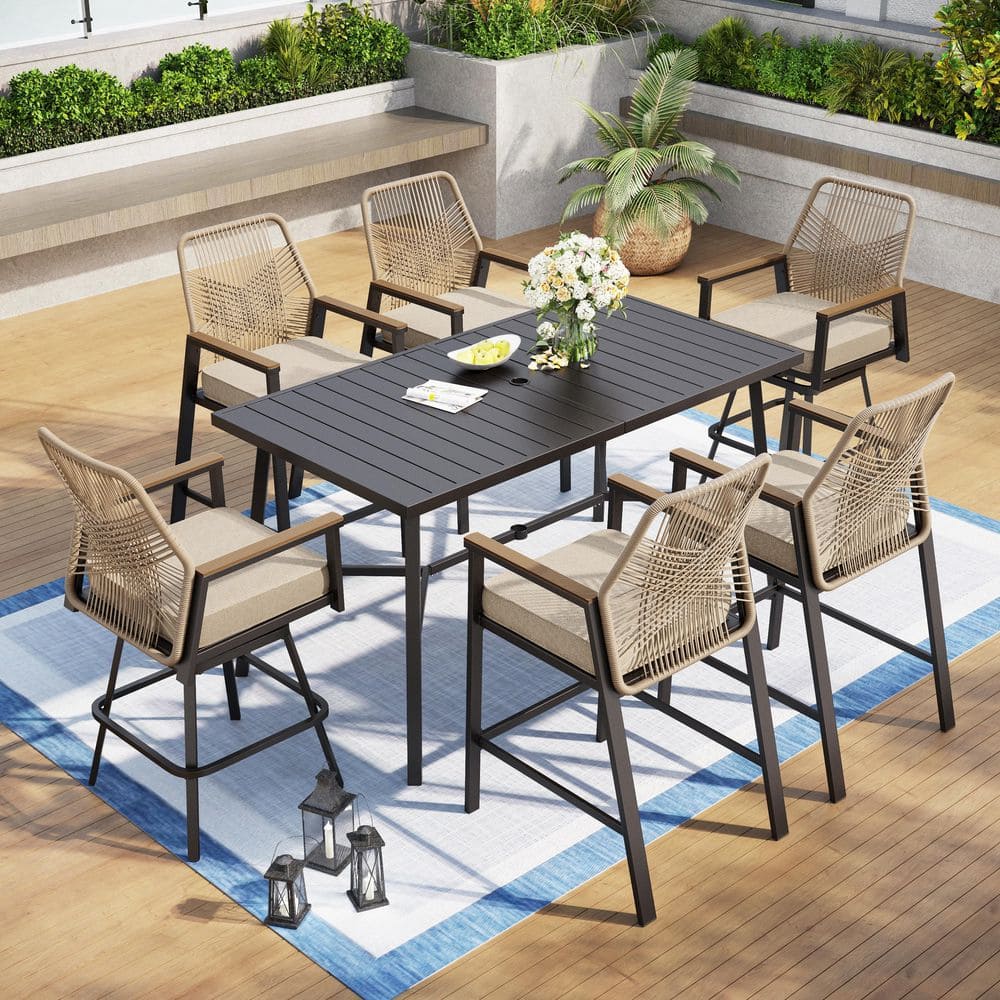 7-Piece Metal Bar Height Woven Rope Outdoor Dining Set with Rectangle Table and Swivel Bar Stools with Beige Cushions