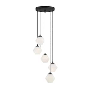Meridian 16 in. W x 6.75 in. H 5-Light Matte Black Chandelier with Hexagon-Shaped White Glass Shades