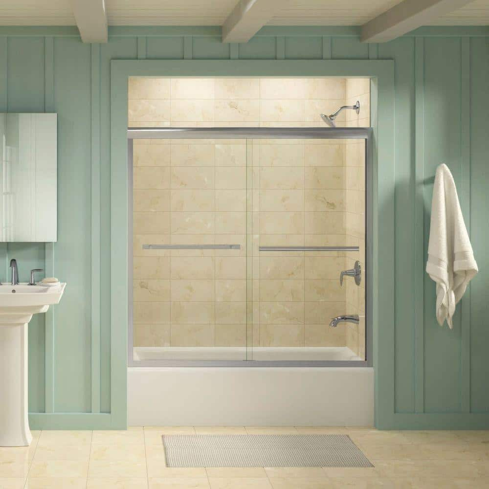 KOHLER Gradient 59.625 in. W x 58.0625 in. H Frameless Sliding Tub Door ...