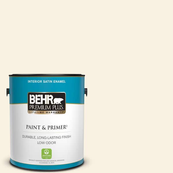 BEHR PREMIUM PLUS 1 gal. #W-F-100 Belgian Cream Satin Enamel Low Odor Interior Paint & Primer