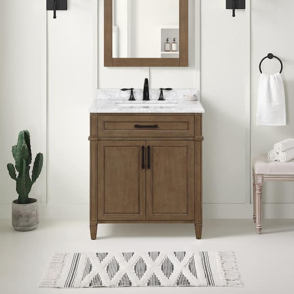 Home Decorators Collection Caville 30 in. W x 22 in. D x 34 in. H Single Sink Bath Vanity in Almond Latte with Carrara Marble Top