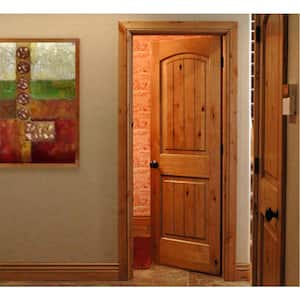 30 in. x 80 in. Knotty Alder 2 Panel Top Rail Arch V-Groove Solid Wood Right-Hand Single Prehung Interior Door