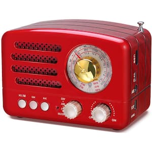 Small Retro Vintage Radio with Bluetooth, Portable Transistor Radio AM FM, Rechargeable Battery Operated in Red