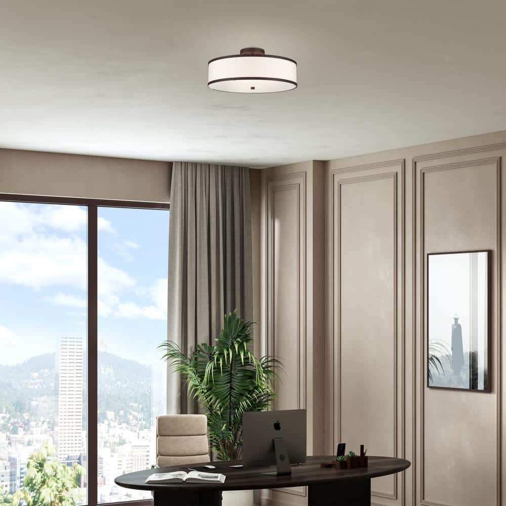 Bronze Contemporary 3-Light Semi-Flush Mount with Off-White Fabric Shade