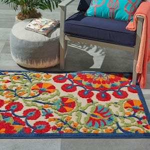 Aloha Easy-Care Red/Multicolor 3 ft. x 4 ft. Floral Modern Indoor/Outdoor Patio Kitchen Area Rug