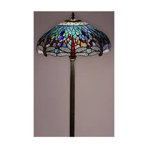 62 in. Brass Dragonfly Stained Glass Floor Lamp with Pull Chain Switch