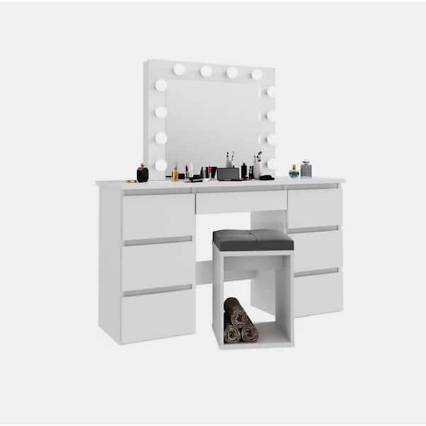 wetiny Matte White Large Makeup Vanity Tables with Mirror and Light