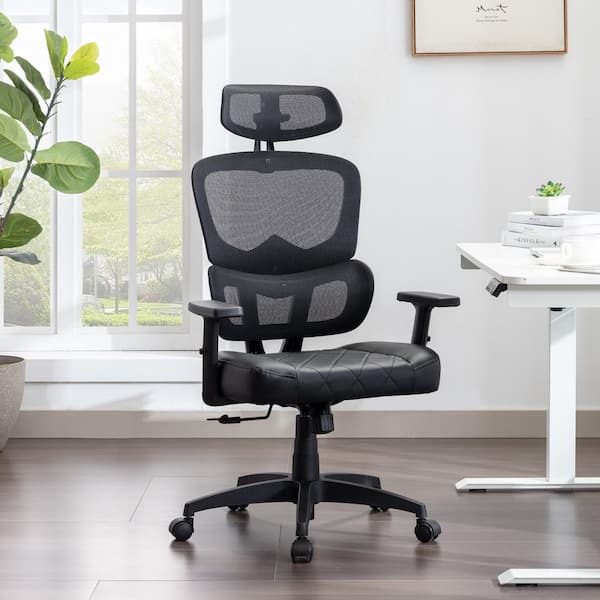 VECELO Office Chair Faux Leather Swivel Ergonomic Task Chair in Black with Arm, Backrest and Lumbar Support for Executive Desk