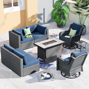 Iris Gray 8-Piece Wicker Outerdoor Patio Rectangular Fire Pit Set with Denim Blue Cushions and Swivel Rocking Chairs