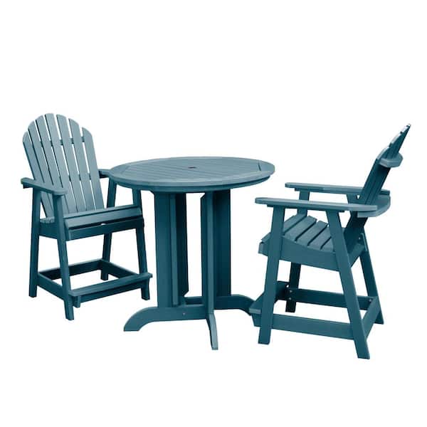 Highwood Hamilton Nantucket Blue 3-Piece Recycled Plastic Round Outdoor Balcony Height Dining Set