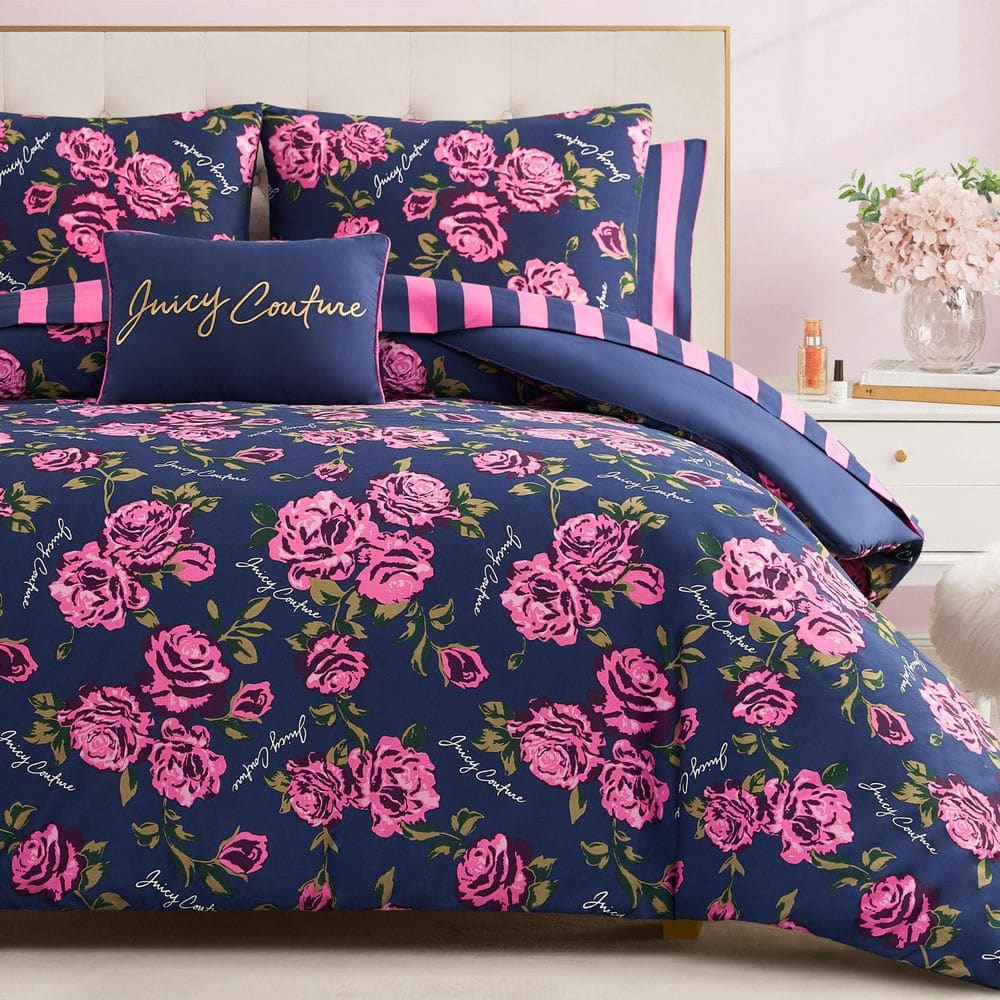 JUICY COUTURE Rose Logo 6-Piece Navy/Pink Floral Polyester Twin Bedding ...