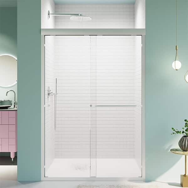 44"-48"W*72" H Semi-Frameless Double Sliding Bypass Shower Door 1/4" Tempered Glass Door in Brushed Nickel