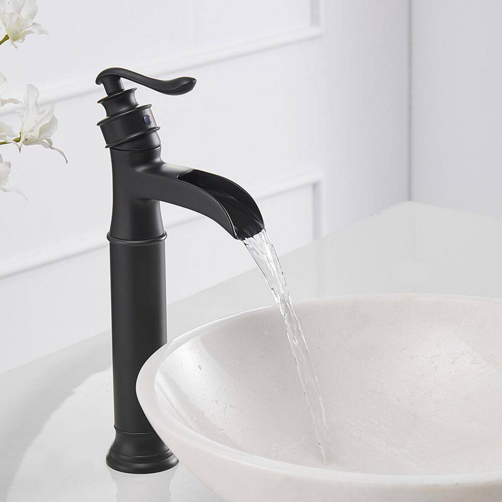 Matte Black Waterfall Single-Handle Vessel Bathroom Faucet with Drain Assembly