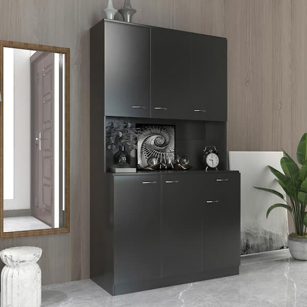 70.87 in. Tall Black Storage Cabinet with 6 Doors 1 Open Shelf and 1 Drawer