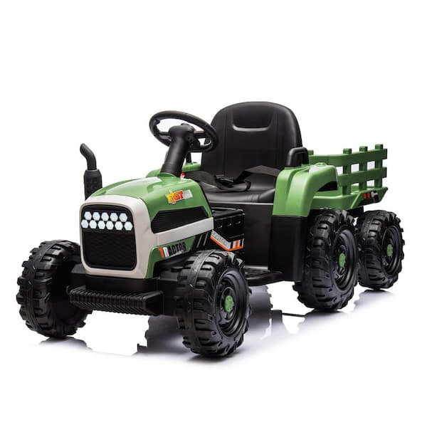 Zeus & Ruta 24-Volt Green Kids Ride on Tractor Electric Car with Trailer, 3-Speed Adjustable, MP3, Bluetooth, LED Light, Safety Belt