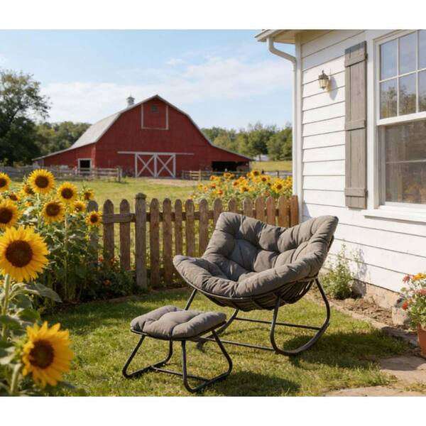 LuckByte Wicker All-Weather Outdoor Rocking Chair with Ottoman and