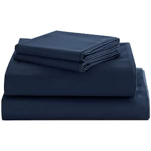 4-Piece Navy Solid Polyester Full Sheet Set, Full Elasticity