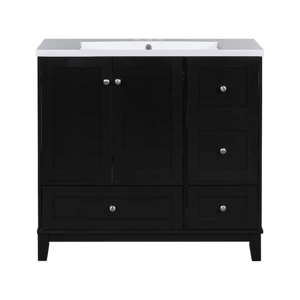 JimsMaison 36 in. W x 18 in. D x 34 in. H Single Sink Freestanding Bath Vanity in Black with White Resin Top