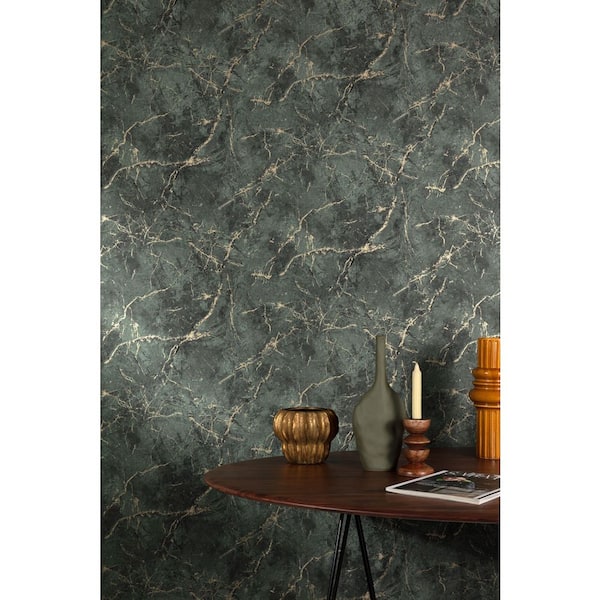 Dark Hunter Green Cracked Marble Print Non Woven Non-Pasted Textured Wallpaper 57 sq. ft.