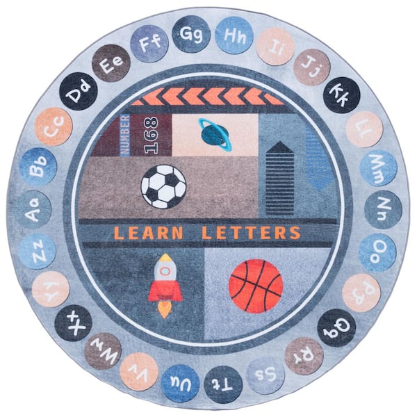 Santa Monica Kids 6 ft. x 6 ft. Round Gray/Blue Learn Letters Washable Area Rug