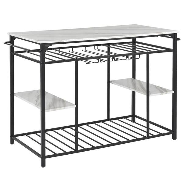 Aoibox Black Faux Marble 47.2 in. W Prep Table Kitchen Island Kitchen Rack Console Table W Shelves and Glass Rack, Black and White SNMX4567