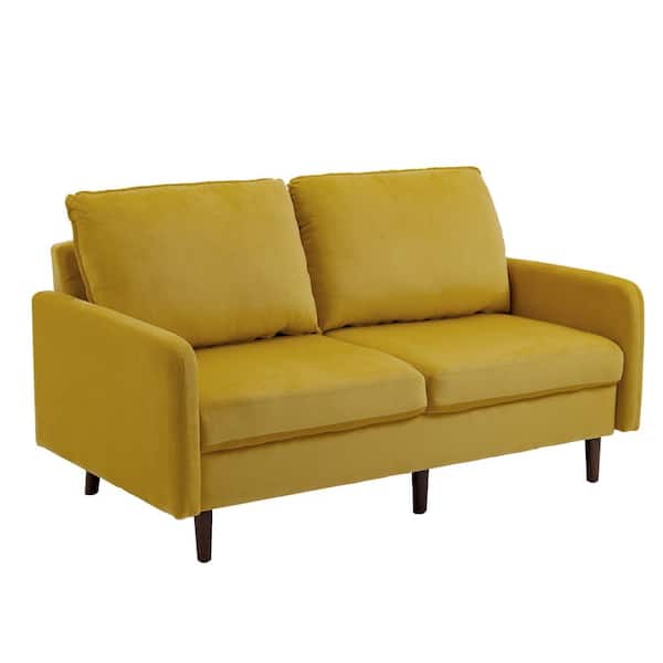 Uixe 56.90 in. Yellow Velvet Upholstered 2-Seater Loveseat Sofa with Wood Legs